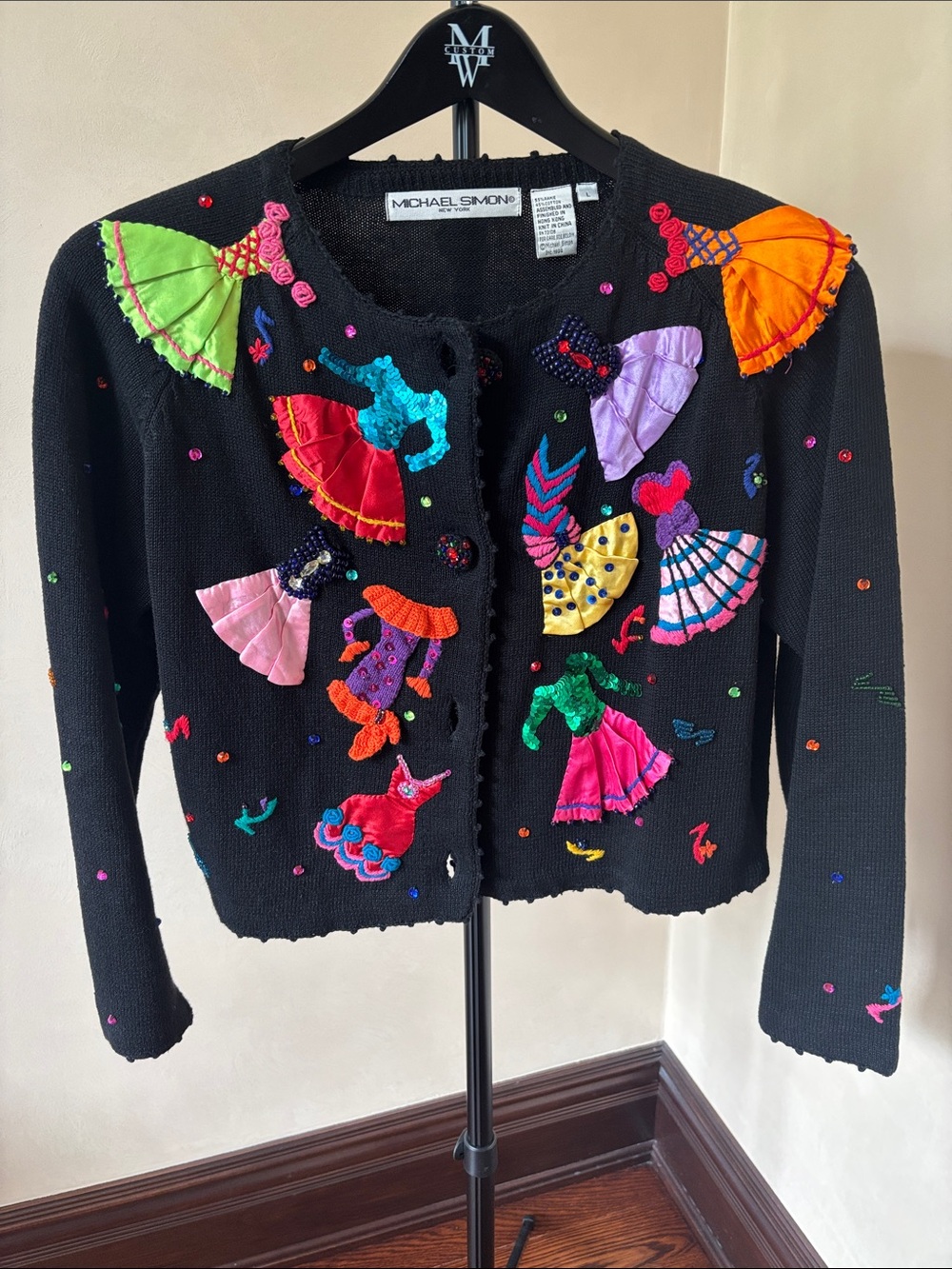 Michael Simon Black Cardigan with Multicolor Embroidered Dress Appliqués